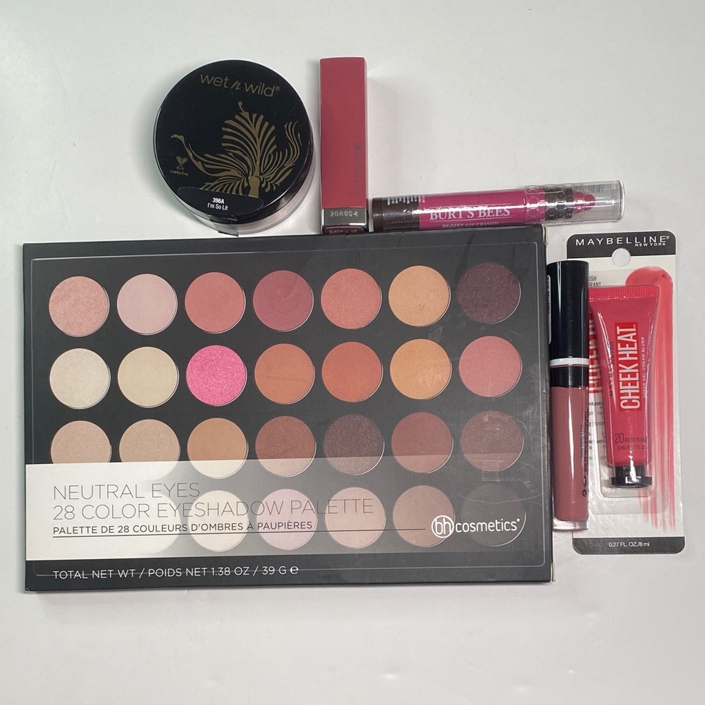 New Makeup Bundle #2 BH Cosmetics Eye Palette,1 Highlight,Blush , 3 Lip Products